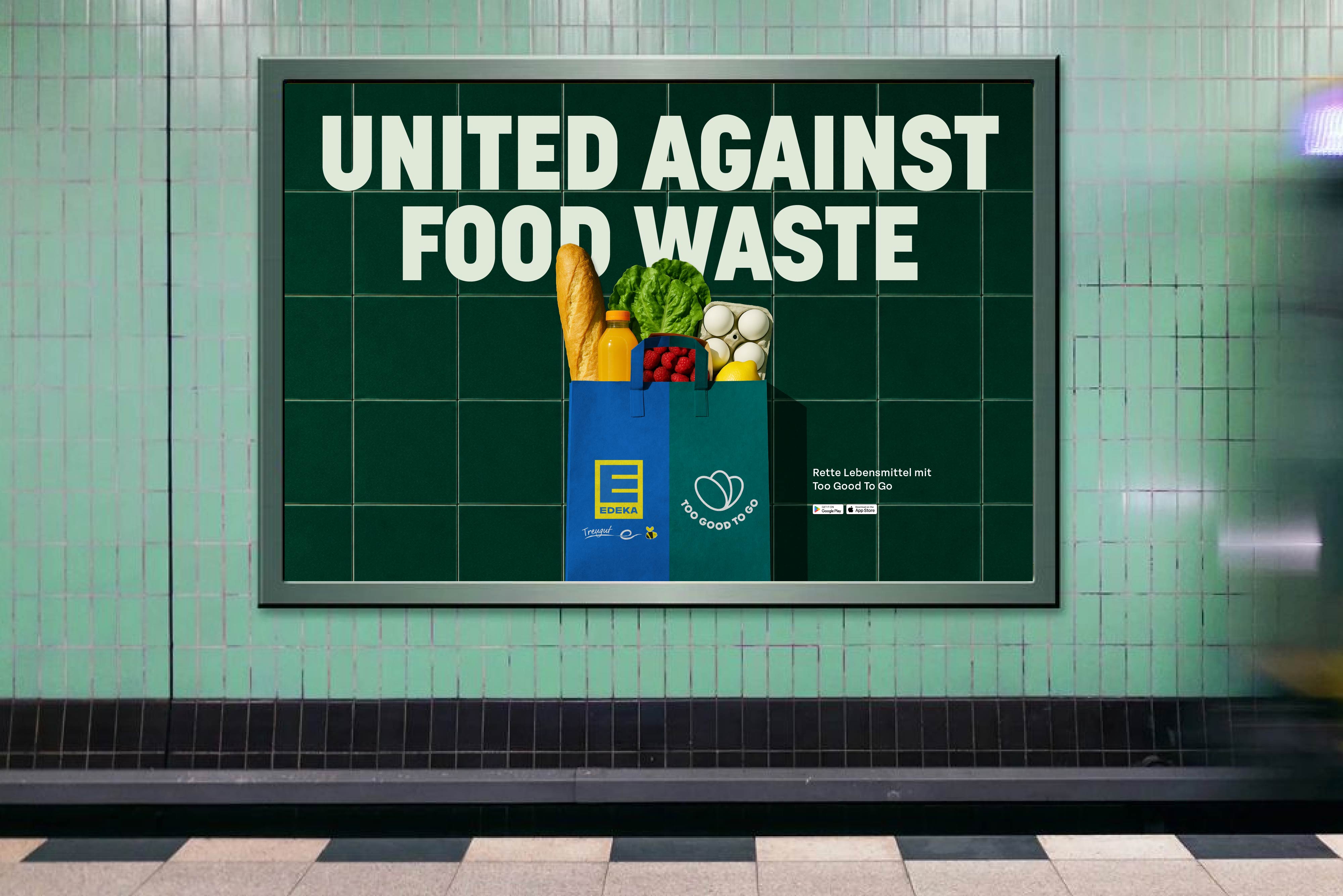 'United Against Food Waste' poster with Edeka on a subway tile wall